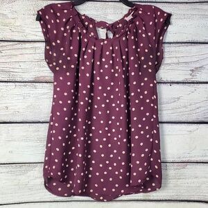Lauren Conrad Women’s Polka Dot Ruffle Tie Back Top Size Small Plum Pink Cap Sle
